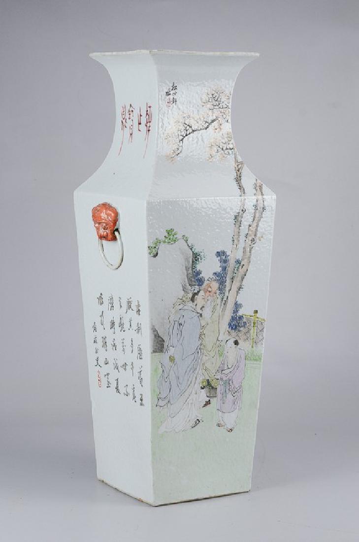 Chinese porcelain vase w/ lion handles Republic Period: Chinese porcelain vase with stylized lion handles and bird, Republic Period, floral, figural decoration with extensive calligraphy, 22" h, old repairs to rim, multiple chips repaired, some glaze loss