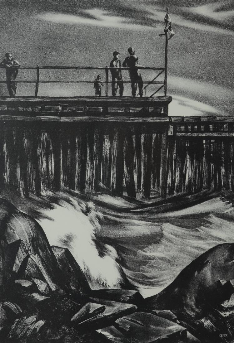 G Ralph Smith lithograph of figures on a pier (1 of 3)