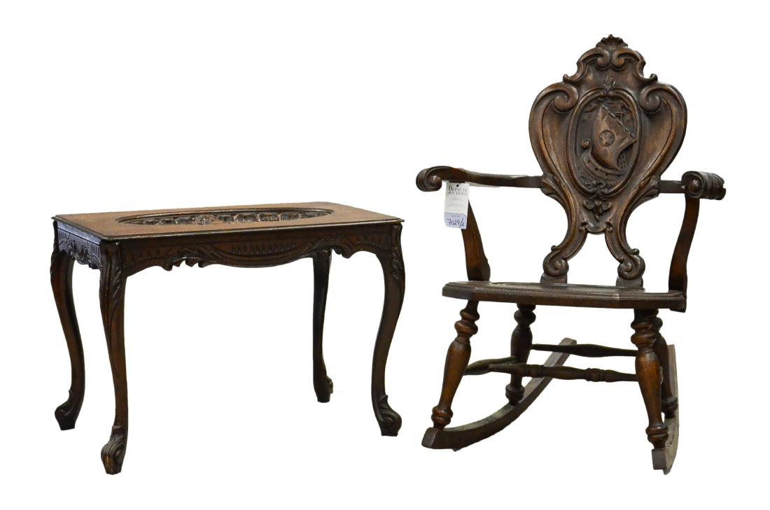 Carved oak rocker, back with Nordic ship (1 of 4)