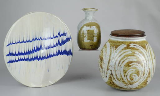 (3) Pcs Art Pottery: (3) Pcs Art Pottery, c/o Victoria Littlejohn cookie jar with wood lid, disc form vase signed Lidia, illegibly signed bottle vase, tallest 11-1/2"