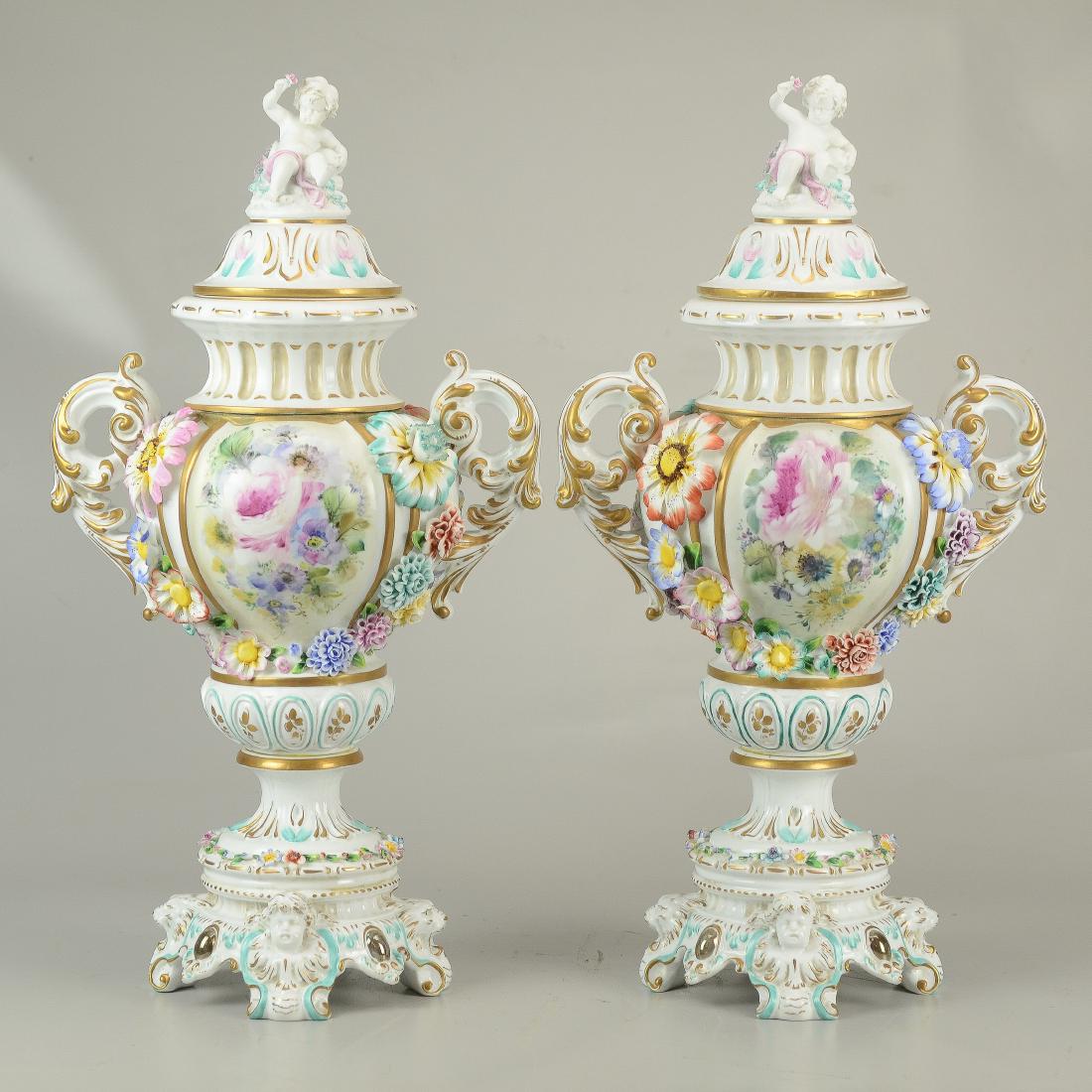 Pr Tiche porcelain covered urns, made in Italy, 22-1/2" (1 of 7)