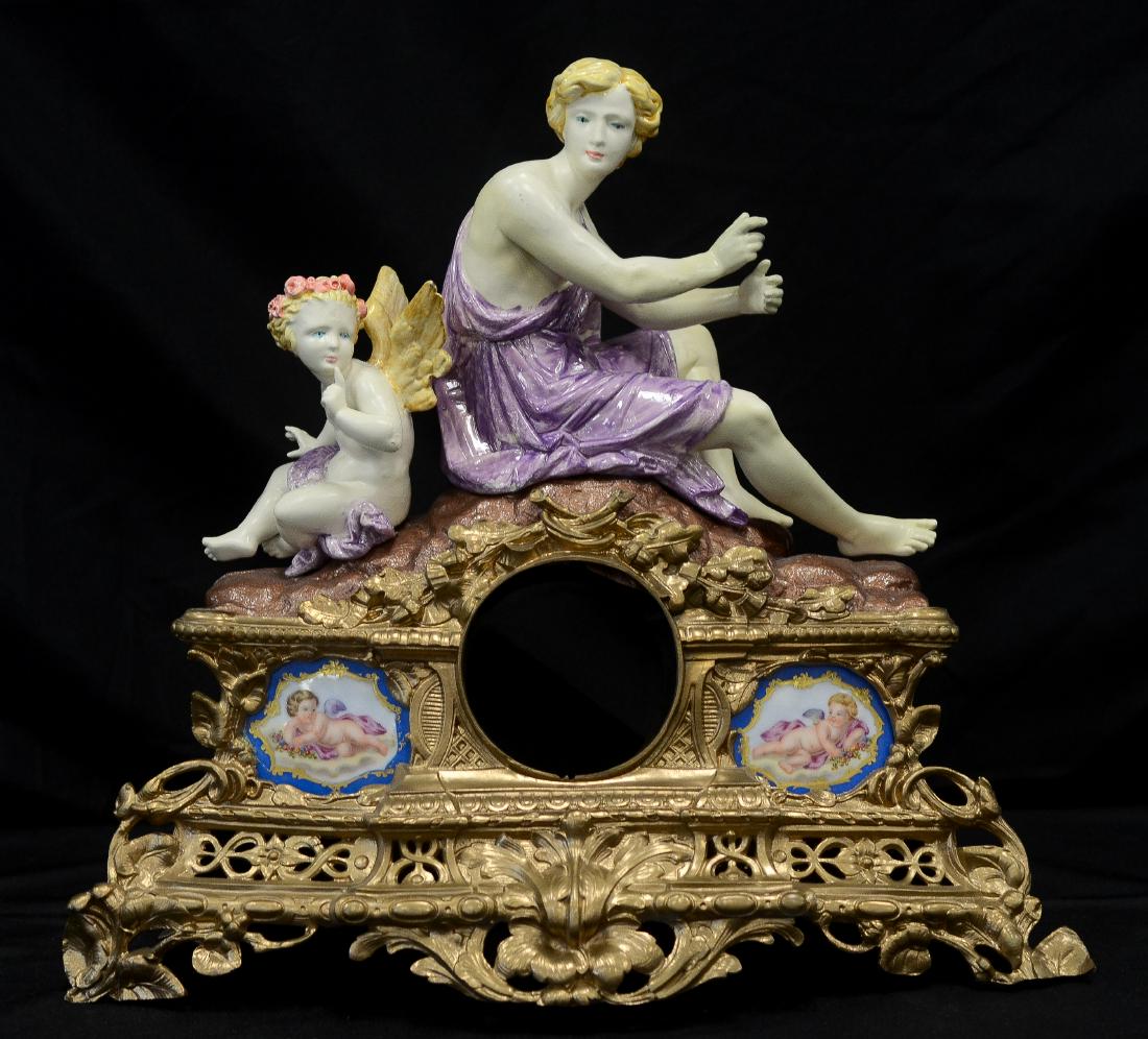 Painted spelter clock case, woman & cherub (1 of 4)