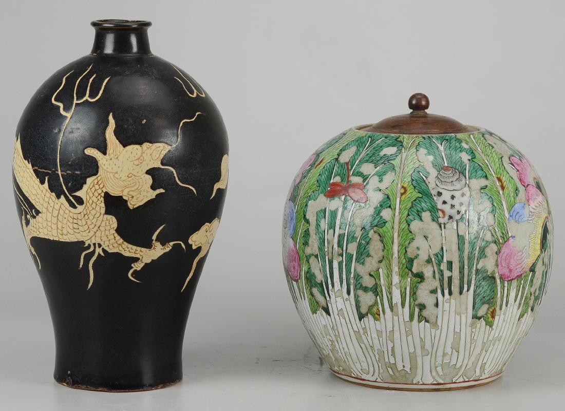 (2) Pcs Chinese porcelain: (2) Pcs Chinese porcelain: a Cizhou style vase with incised dragon, and a famille rose ginger jar with extensive glaze loss, tallest 12" h