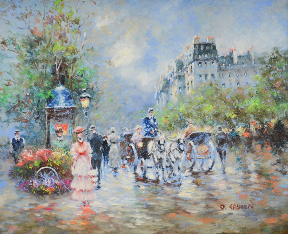 Contemporary painting of a Paris street scene: Contemporary painting of a Paris street scene, oil on canvas, signed "J Gaston", 20" x 24", framed 24-1/2" x34-1/2", excellent condition