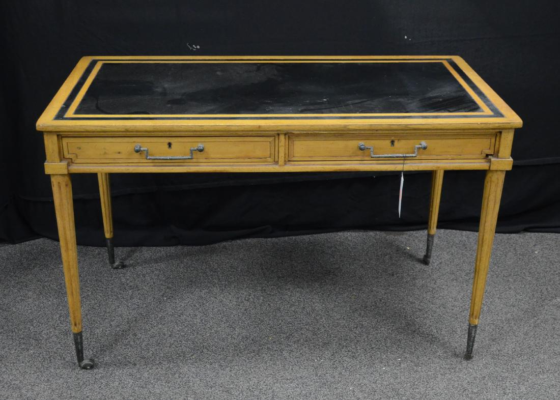 Kent Louis XVI style leathertop writing desk: Kent of Grand Rapids Louis XVI style leathertop writing desk, black leather top with leather banding, metal hardware, slatted sides, 29"h x 46"w x 24"d, light wear and scratches
