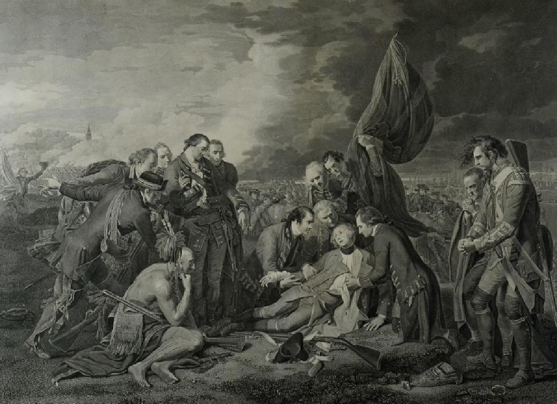 Theodor Falckeysen (Swiss, 1768-1814), steel engravi: Theodor Falckeysen (Swiss, 1768-1814), steel engraving "The Death of General Wolfe", ca 1789, after a painting by Benjamin West, measures 18-7/8" x 23-3/4" sight, framed size 27-1/2" x 32-1/2", good c