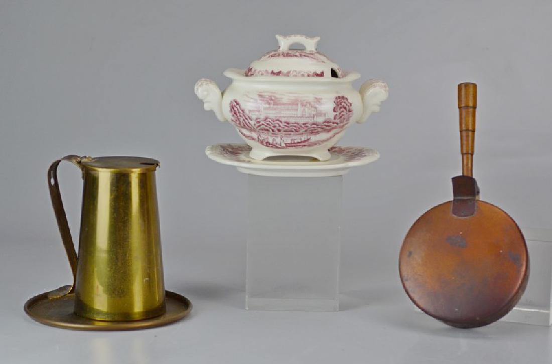 Transferware Sauce Tureen & 3 Pcs Metal: (4) Pcs, c/o Mulberry castle scene transfer ware porcelain sauce tureen with under tray, copper silent butler with turned wood handle, Cape Cod Shop brass lighter & under tray (missing stone wand), ta