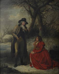 George Morland painting "A Christmas Gambol": George Morland (British, 1763-1804), Original painting later engraved by John Raphael Smith(1752-1812), "A Christmas Gambol", oil on canvas, signed "G Morland", Notated on back "A Christmas Scene Engr