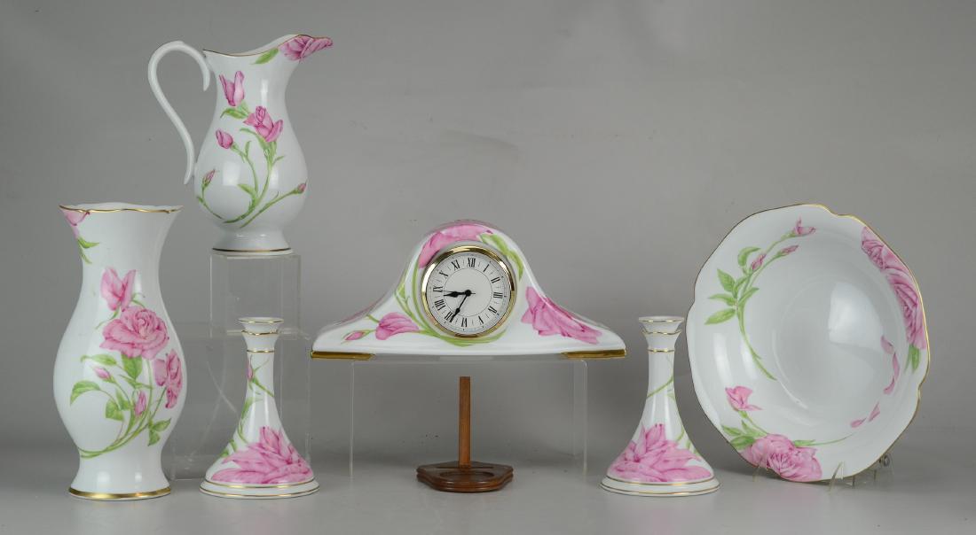(6) Pcs Givenchy Rose Porcelain: (6) Pcs Givenchy Rose porcelain exclusively from The Franklin Mint, c/o pitcher & bowl set, vase, tambour clock, pair of candlesticks, 1986-88, tallest 12"