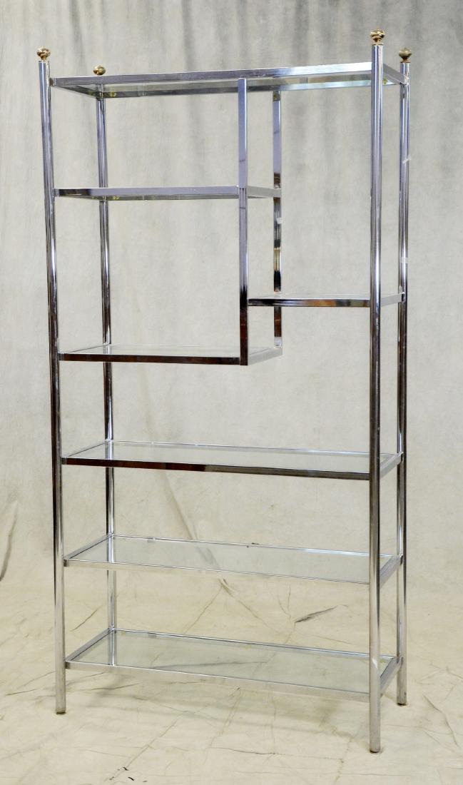 Milo Baughman style chrome and glass etagere: Milo Baughman style chrome and glass etagere, brass finials, multi sized glass shelving, 81.5"h X 41.5"w X 17"d