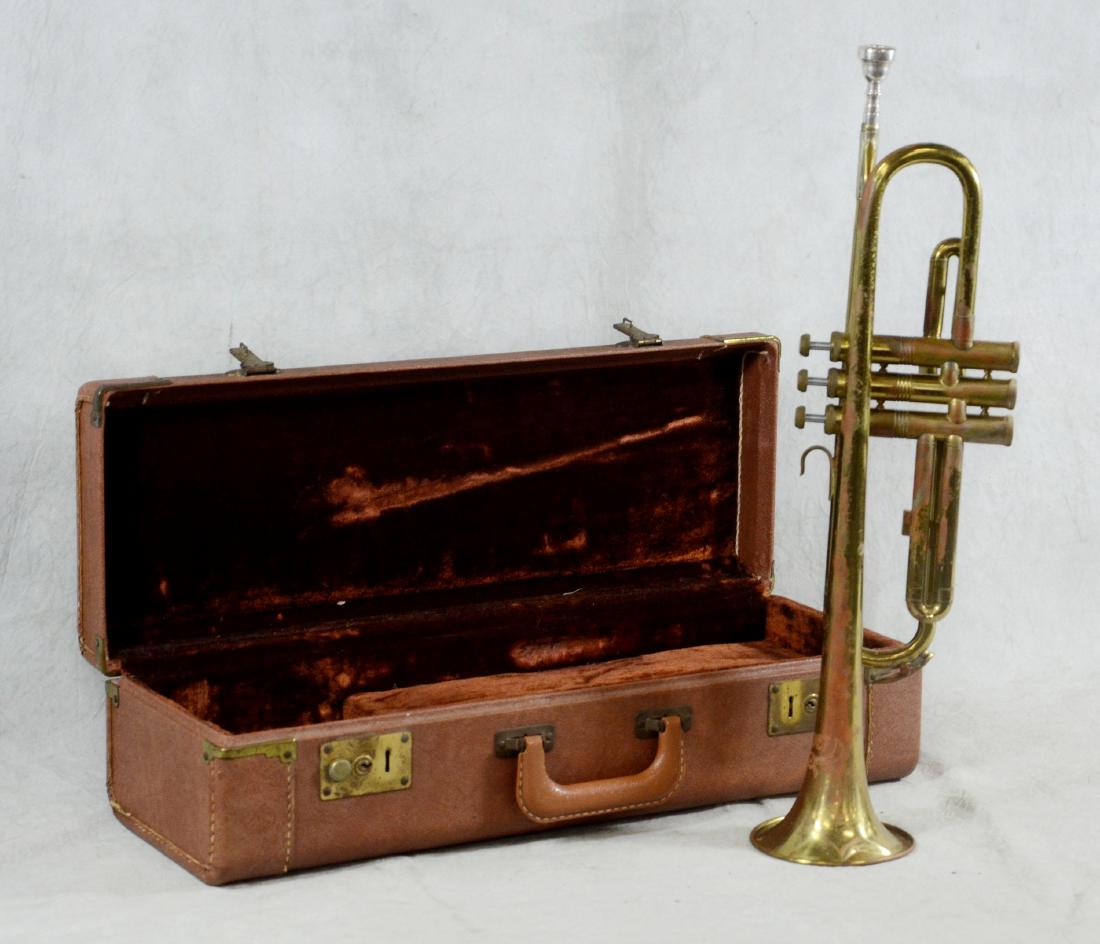 Cadet Trumpet: Cadet trumpet, mother of pearl valves, mouthpiece, SN 37328, overall rust, velour-lined hard case