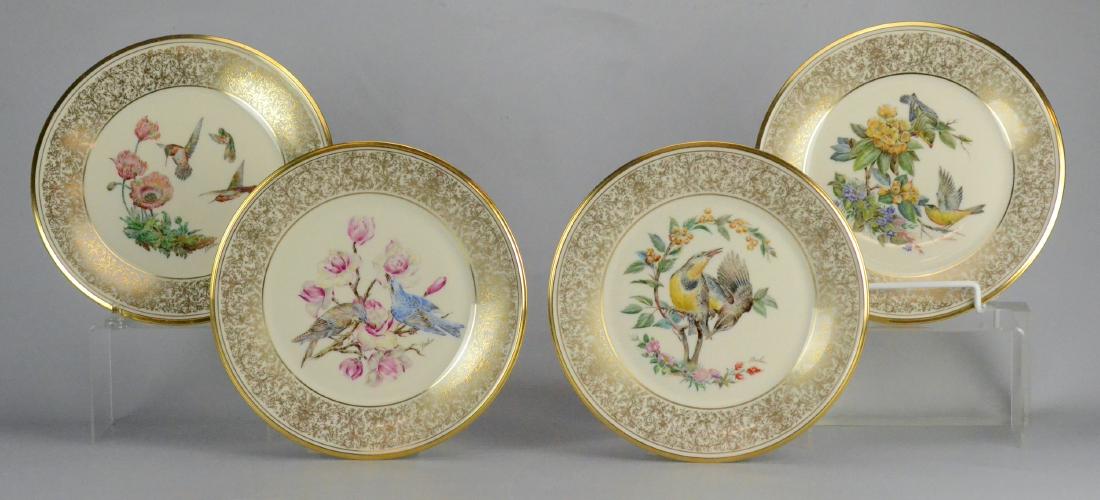 (4) Lenox Boehm Porcelain Bird Plates: (4) Lenox Presents Annual Limited Edition Boehm Birds porcelain plates, adapted from original works of art by Edward Marshall Boehm, c/o Gold finch, 1971, Mountain Bluebird 1972, Meadowlark 1973, Rufo
