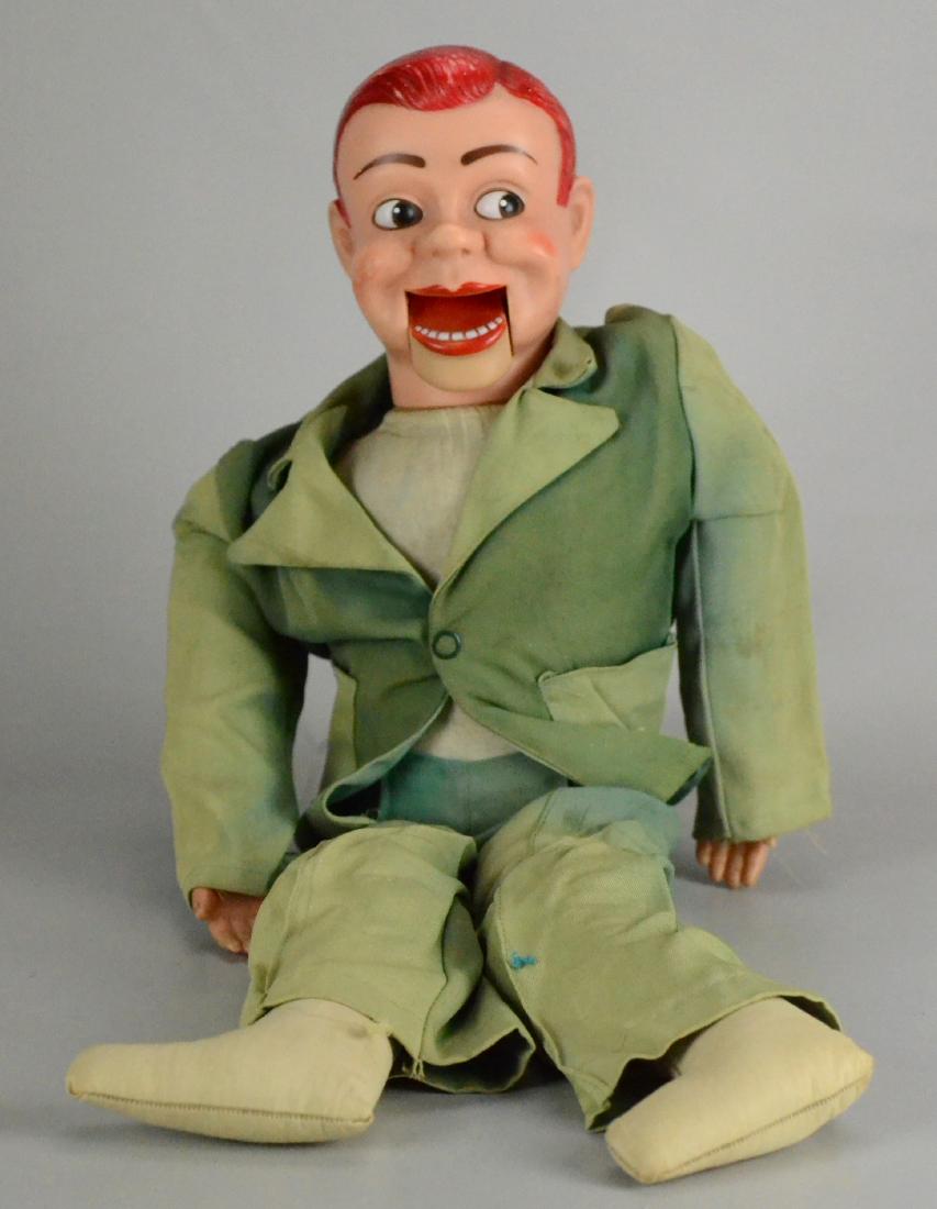 Paul Winchell Jerry Mahoney Ventriloquist Dummy: Paul Winchell Jerry Mahoney Ventriloquist doll, green suit with fading, mid-20th C, 24" h