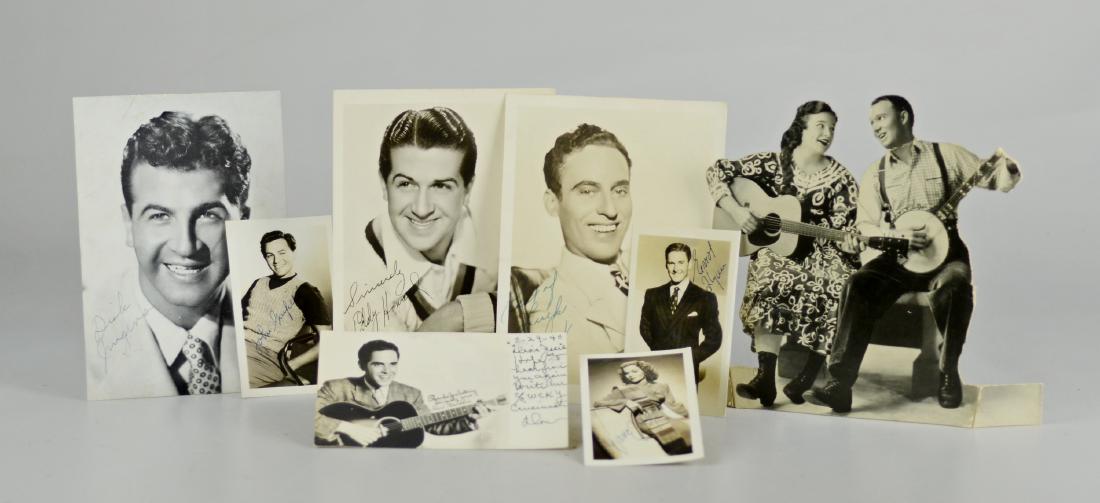 (7) Autographed Celebrity Photographs: (7) autographed celebrity photographs, c/o Errol Flynn, John Garfield, Jane Wyman, Don Gardoni, Eddy Howard, (2) unidentified, and a Foley's Honey & Tar Cough Syrup stand-up advertisement, largest 7-1