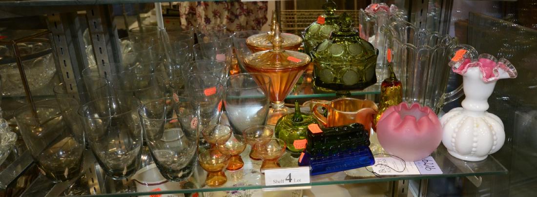 Shelf lot 4 Fenton glass: Lot of(10) Holmegaard stems, Fenton vase, bowl, covered candy, Cambridge glass cordials, Amberina pear & carnival glass pitcher tallest 9"h