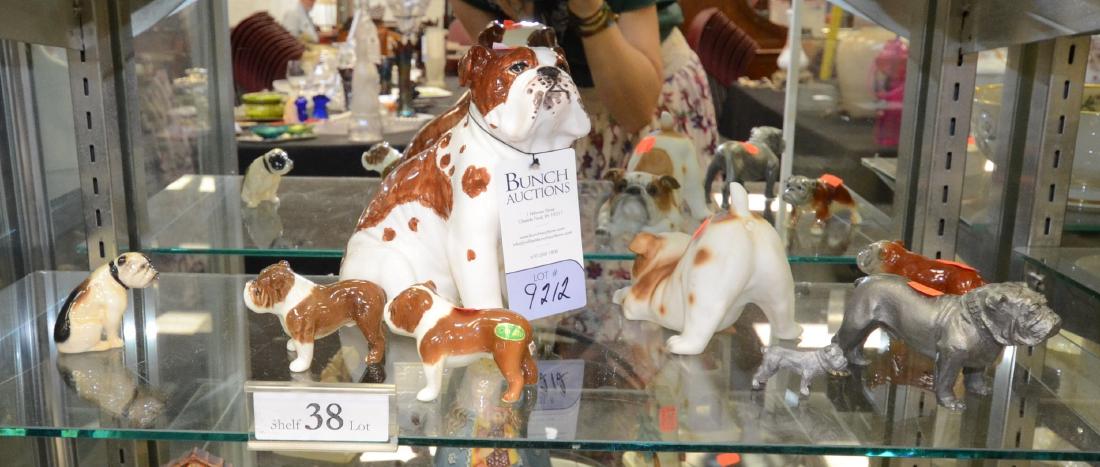 Shelf Lot 38 Porcelain Dogs: Lot of Porcelain dogs, Royal Doulton, Beswick, Goebel, & Pewter, tallest 7"h