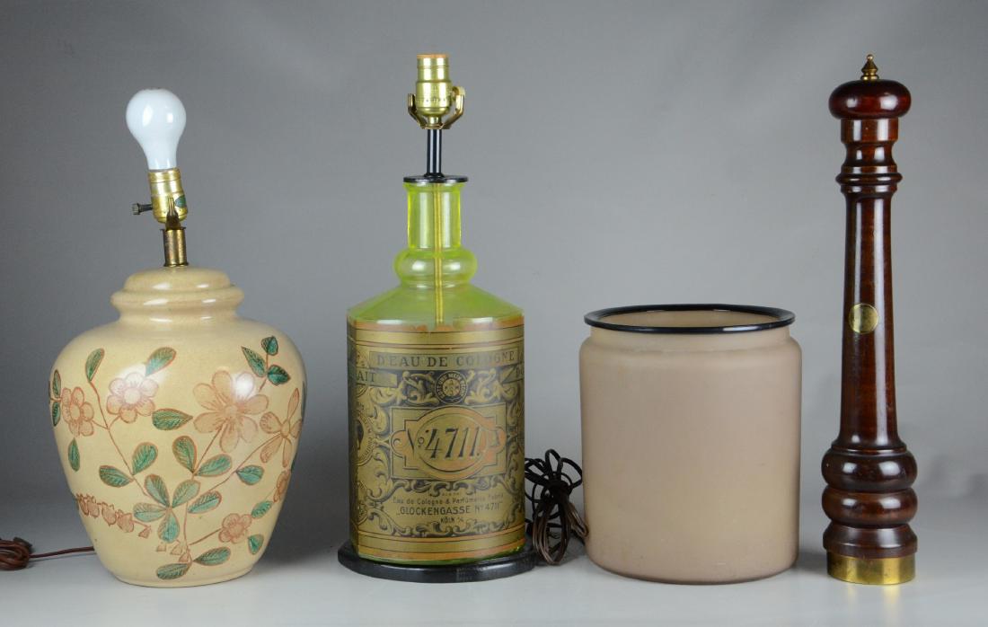 Mixed Lot Lamps: Lot green lamp, floral lamp, glass cannister, wood pepper mill, tallest 21"h