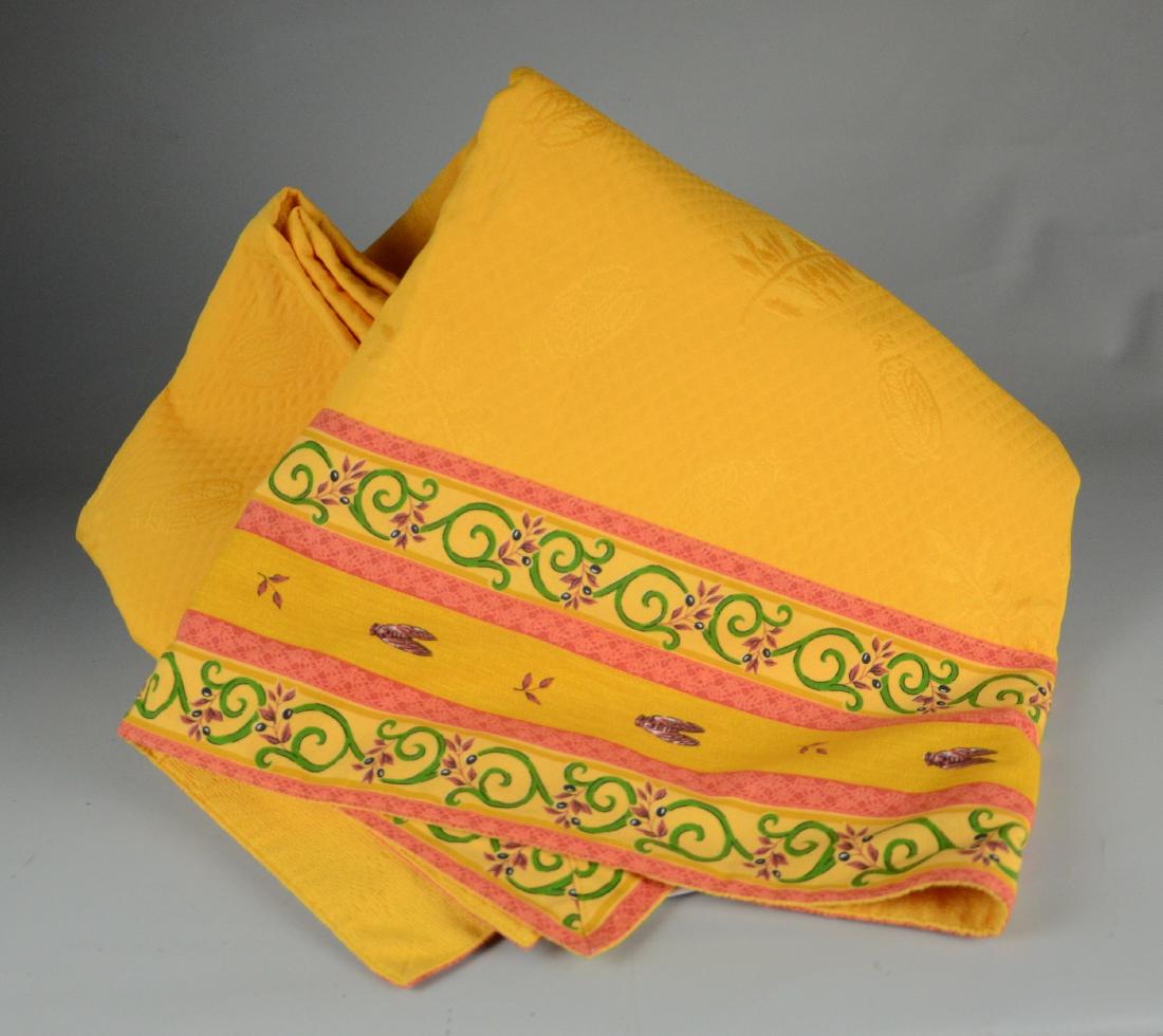 French Polyester Table Cover: Polyester France table cover orange,yellow, with bees 94 x 58"