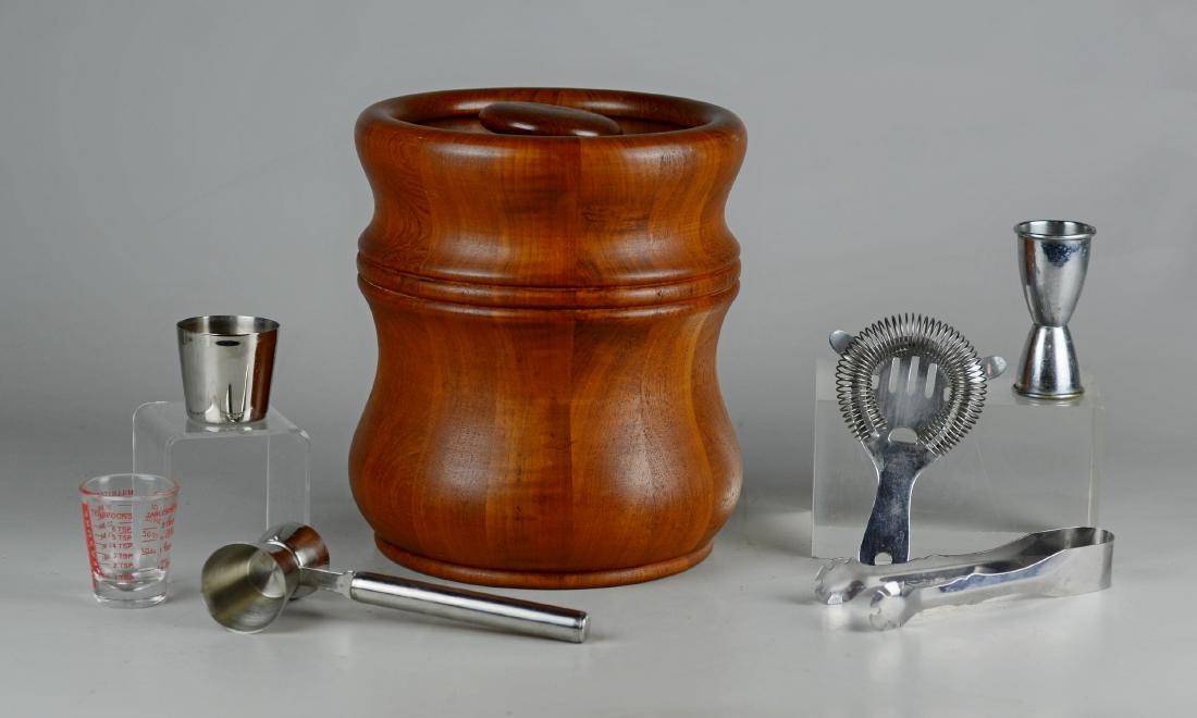 Turned Wood Ice Bucket & Bar Utensils