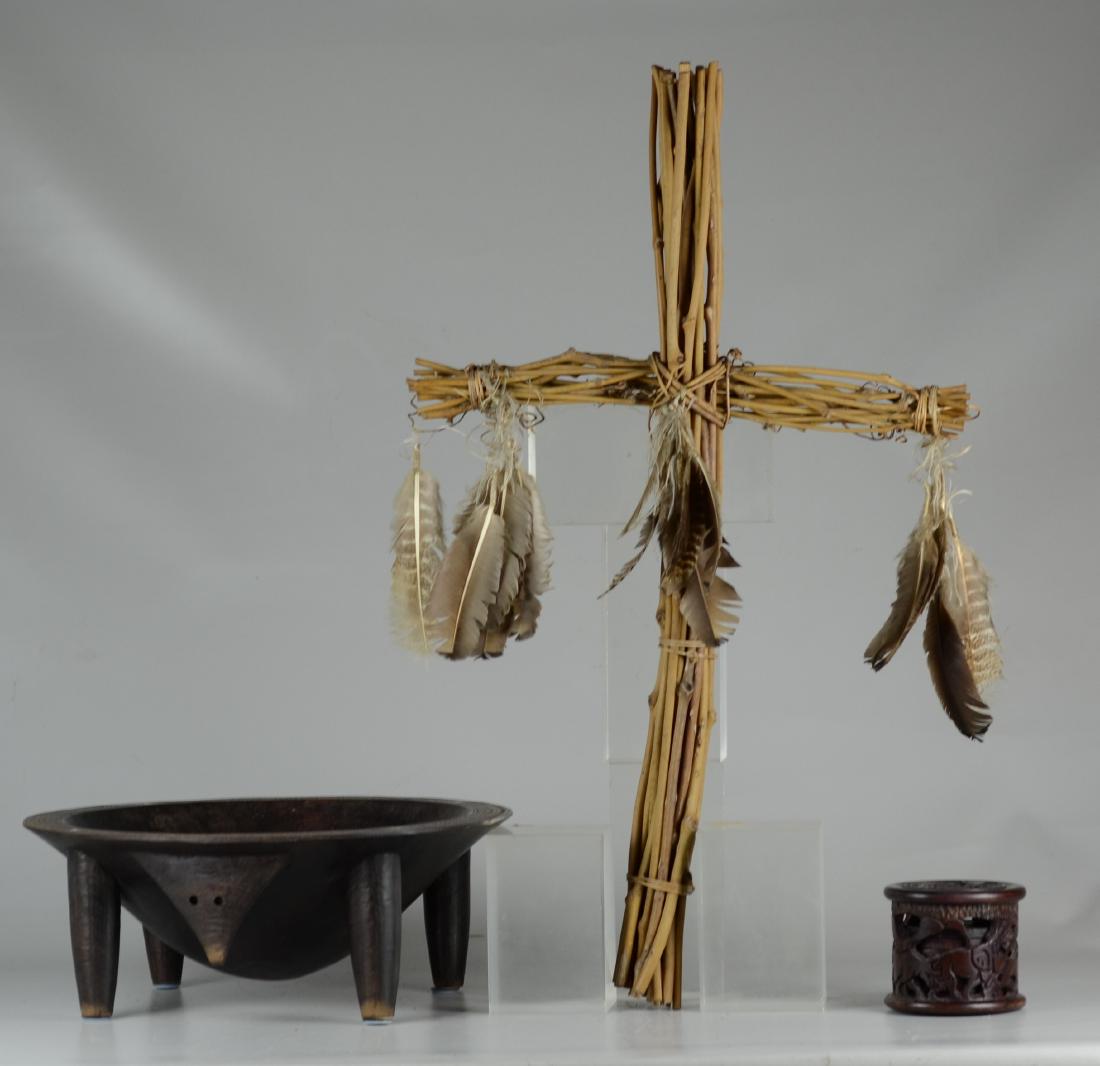 (3) Wooden Objects: (3) Wood objects, c/o footed bowl with animal face and carved rim with inlaid mother of pearl, 16-1/4" dia x 6-1/2" h, carved coaster set, 4" h x 4-3/4" dia, twig and feather cross, 31" x 18-1/2"