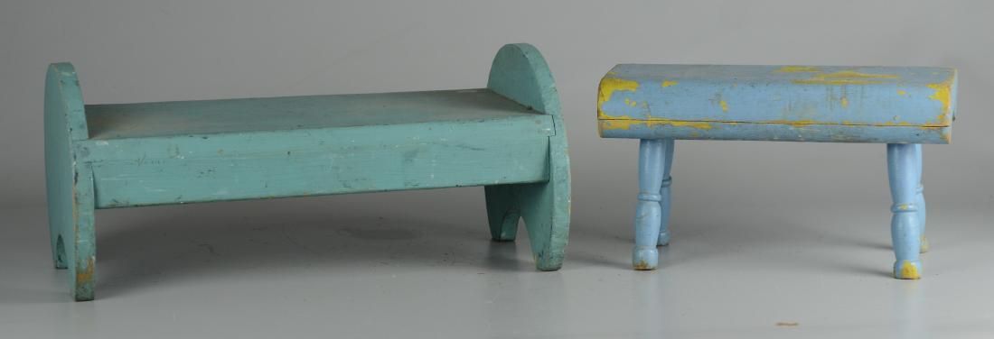 2 blue painted footstools: (2) Blue painted footstools, largest 17" long