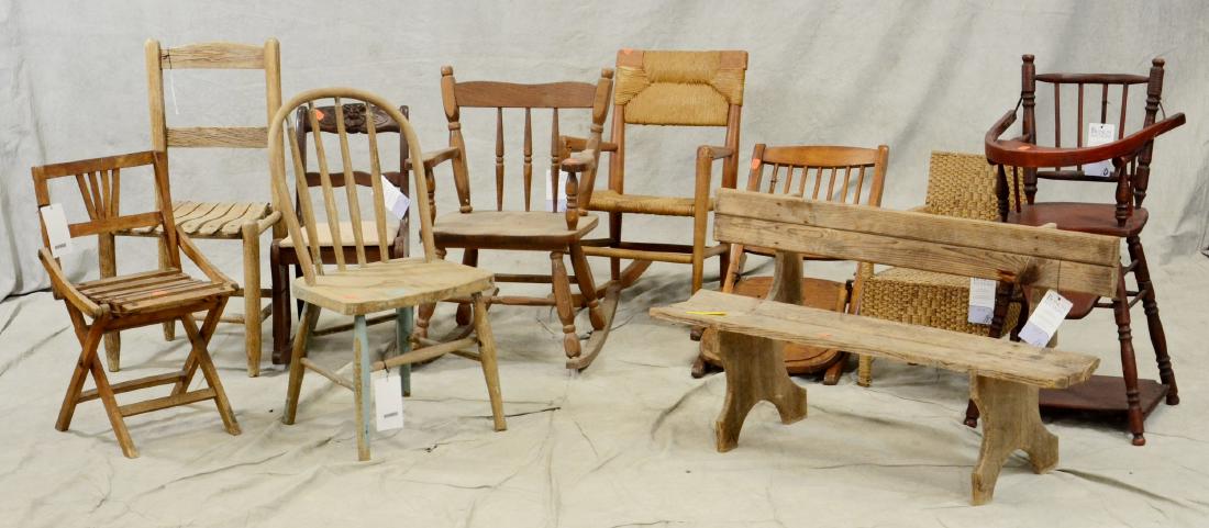 (10) child size chairs/bench: (10) child size chairs/bench, c/o spindle back rocker, rush seat and back rocker, mahogany upholstered ladder back chair, rattan chair, spool back chair with splayed legs, slatted bench, folding chair