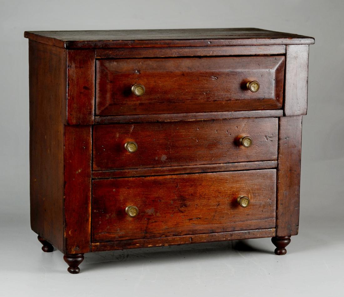 Walnut reverse graduated 3 drawer miniature chest, 19th (1 of 2)