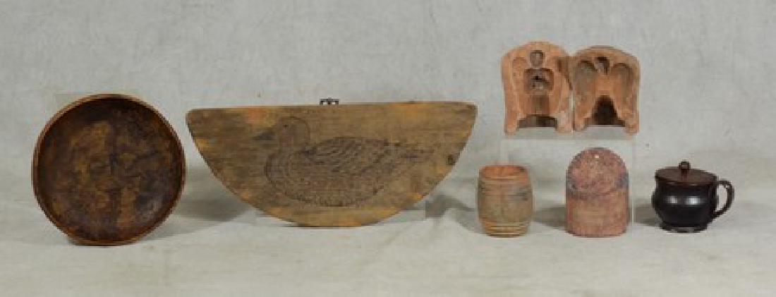 (7) Pieces: (7) Pieces: Pr earthenware angel molds, 2 earthenware match safes, lidded pot, Biltmore Village Workshop bowl, demilune board with duck decoration
