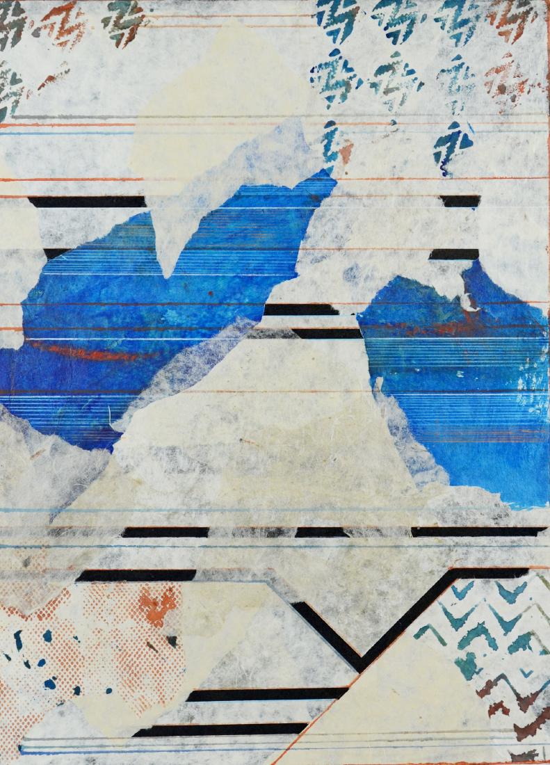 Robert Kelly Abstract Collage, "Namche Series VIII": Robert Kelly;(American, b. 1956), abstract collage,; "Namche Series VIII", mixed media paint and paper, pencil signed "Robert Kelly", dated 1982, 23-1/2" x 17-1/2" image, sheet size 30-1/2" x 22-1/8",