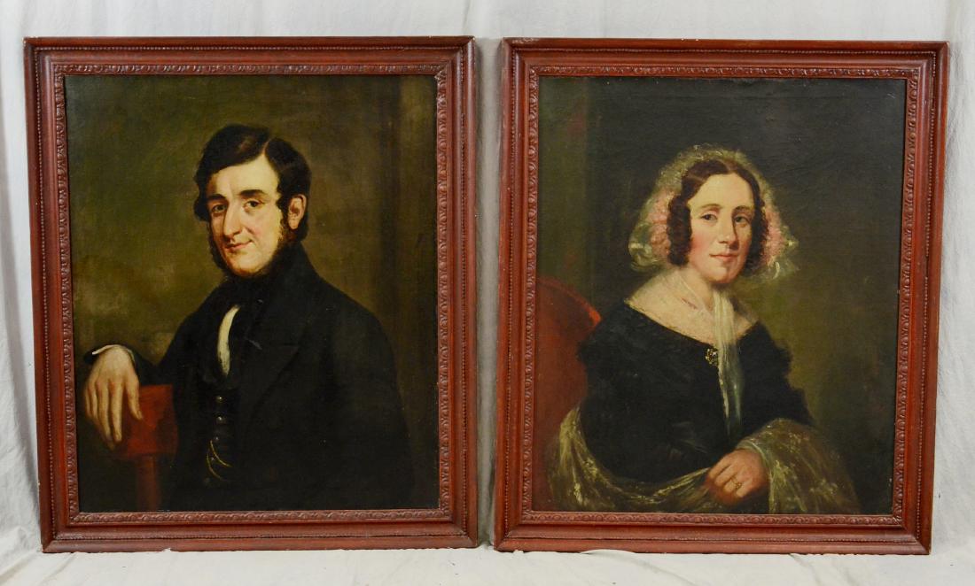 Pr 19th C Portrait Paintings of Gentleman and Lady: Pr 19th C Portrait Paintings of Gentleman and Lady, oil on canvas, no visible signature, mounted in later frames, 30" x 25", framed 34-1/2" x 29-1/2", good condition, old restoration and relining, age
