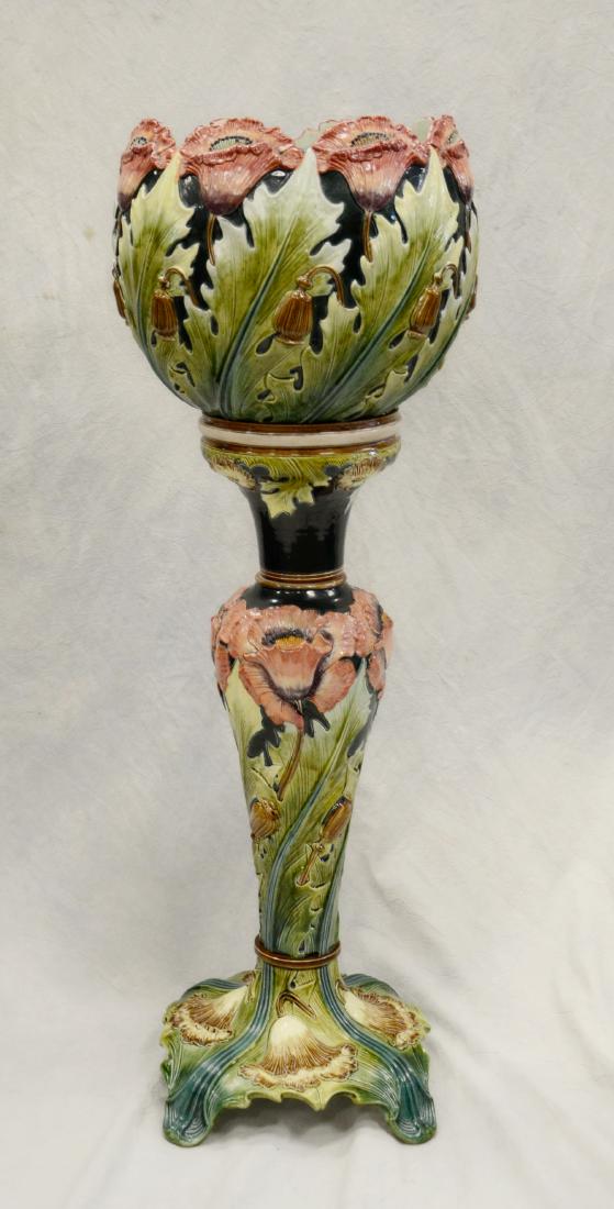 Schiller & Son Bavarian majolica pedestal & jardiniere: William Schiller & Son Bavarian majolica pedestal and jardiniere, poppy design, mark on base and bowl, "WS&S, 13401", 3" hairline crack at top of bowl, 27-1/2" h, bowl: large deep crack about 3-4" lon