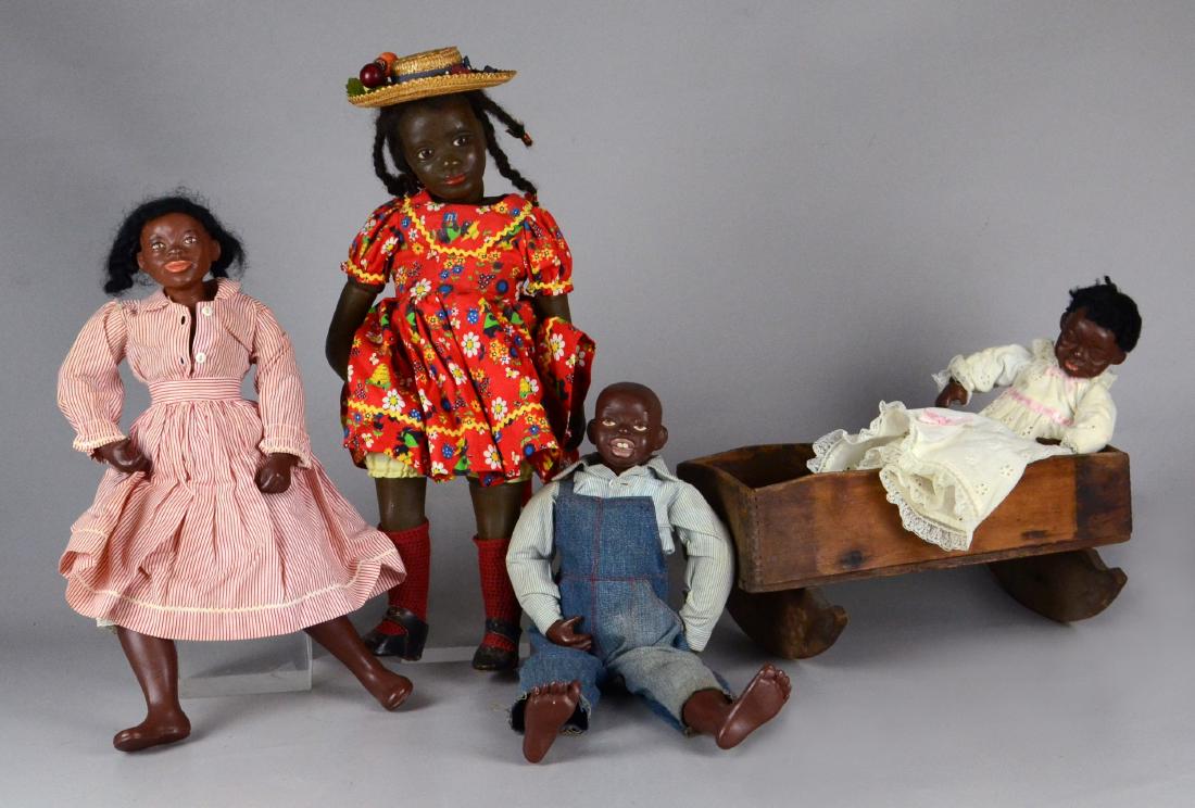 (4) Later 20th C Artist Black Dolls and Cradle (1 of 1)