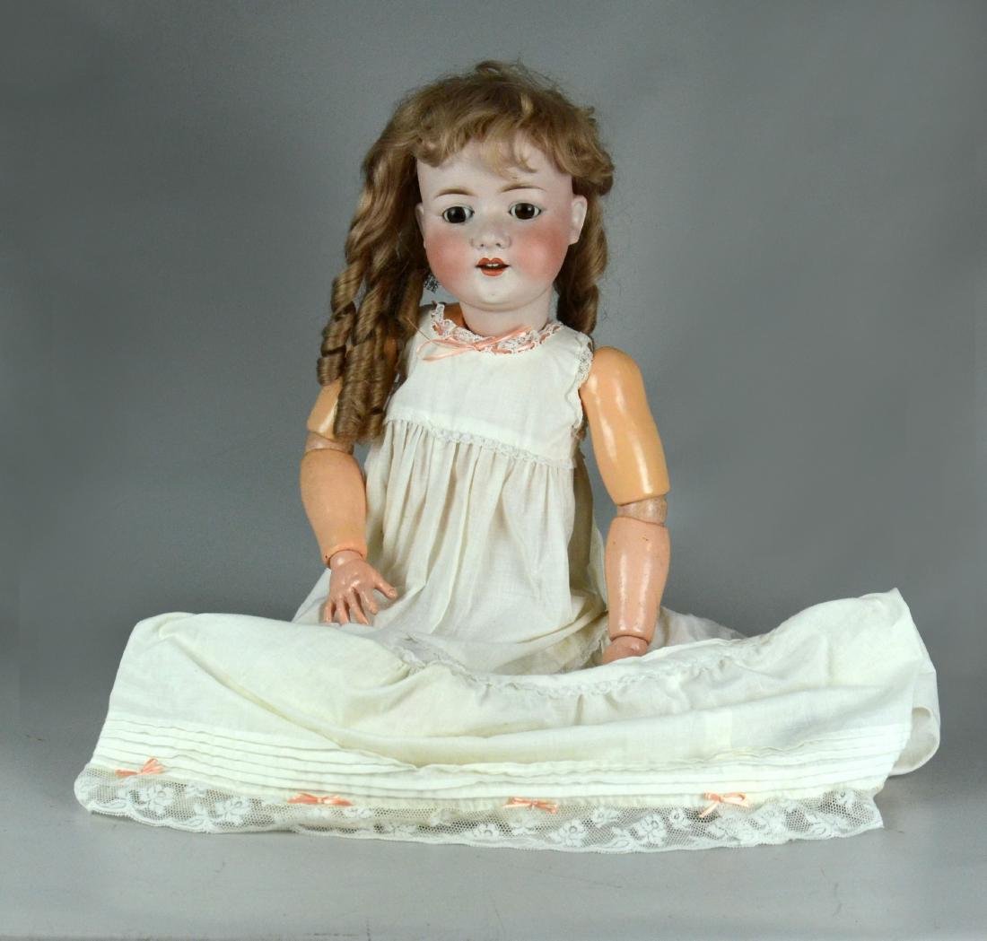 32" German Bisque socket head doll: 32" German Bisque socket head doll, incised "Heubach 302.15 Koppelsdorf Germany", good quality bisque, brown glass sleep eyes, open mouth with 4 upper teeth, original fully articulated wood and compos