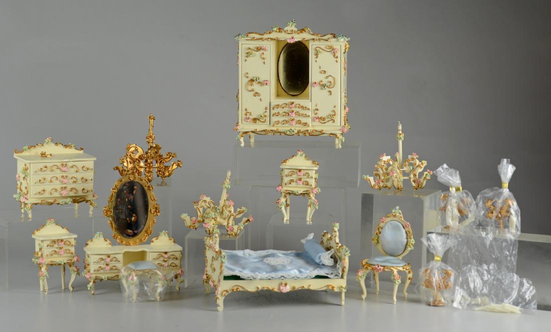 (14) Pcs Spielwaren Dollhouse Furniture: (14) Pcs Spielwaren dollhouse furniture, made in Germany, with original labels, c/o bed, wardrobe, vanity with stool (mirror silvering), dresser, side chair, (2) nightstands, (3) chandeliers, (3) cand