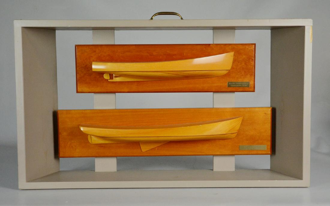 Chip Flanagan, 2 half hull ship models, shadowbox frame: Chip Flanagan, model maker, 2 half hull ship models mounted in shadowbox frame, one identified as two-masted schooner "Sch. Alice S Wentworth", one identified as "Maine Lobster Boat"