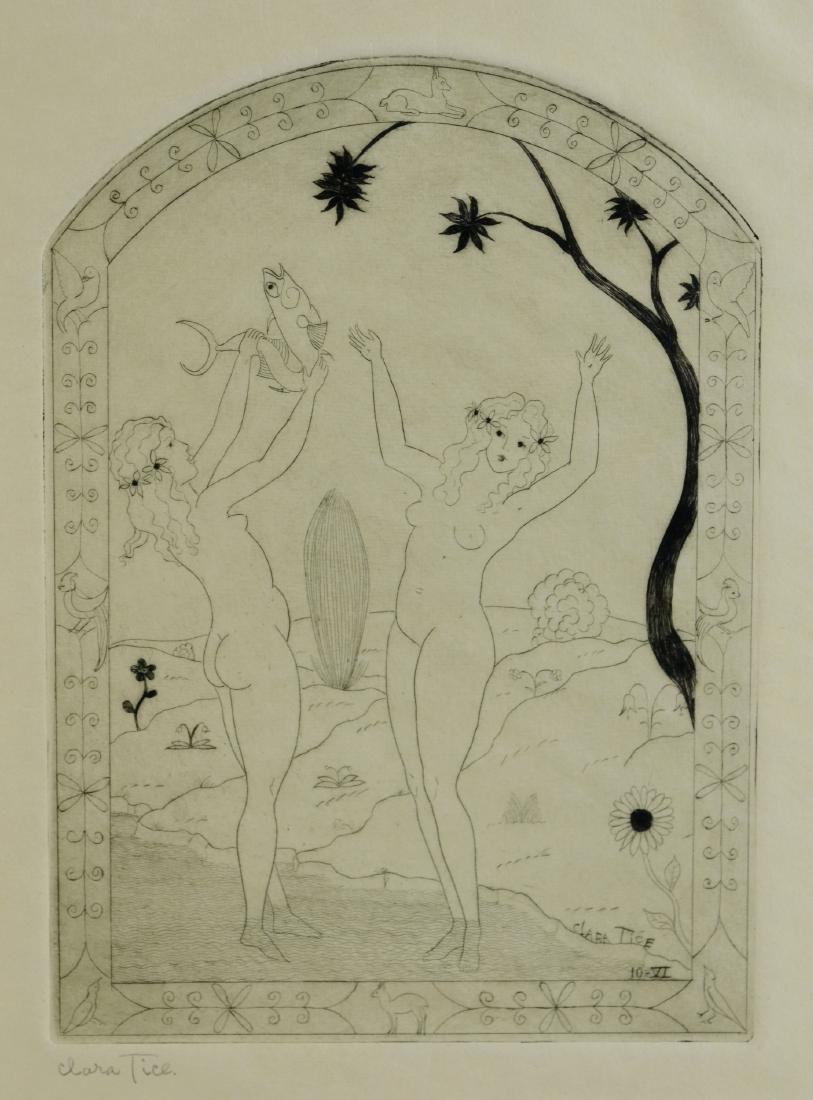 Clara Tice (American, 1888-1973), avant-garde drypoint: Clara Tice (American, 1888-1973), avant-garde drypoint etching on paper, signed in plate and pencil signed, 6-7/8" x 4-7/8" pl, 9-7/8" x 6-15/16" sheet, excellent condition