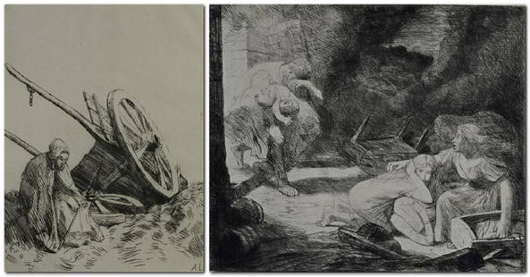 Alphonse Legros (French, 1837-1911), (2) etchings on: Alphonse Legros (French, 1837-1911), (2) etchings on paper, "L'Incendie", 9-3/8" x 10-7/8" pl; "La Charette", 8-1/2" x 5-7/8" pl; one signed in plate, good condition, some toning and foxing