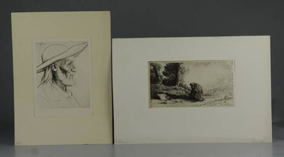 Alphonse Legros (French, 1838-1911), (2) etchings on: Alphonse Legros (French, 1838-1911), (2) etchings on paper, "The Wayfarer", 5-5/8" x 10-5/8" pl; "Payson Breton", 8-5/8" x 6-3/4" pl, signed in plate, very good condition