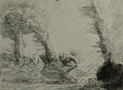 Alphonse Legros (French, 1837-1911), etching on paper: Alphonse Legros (French, 1837-1911), etching on paper "Harvesters Surprised by the Storm", pencil signed, 13-1/4" x 17-3/4" pl, 15-1/4" x 19-1/2" sheet, good condition, some brown stains