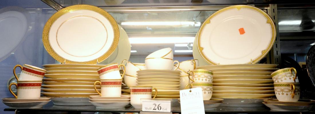 Shelf #26 - Limoges Gilt Trimmed Dinnerware: Shelf #26 - Limoges Gilt Trimmed Dinnerware, C/O (11) Wm Guerin Dinner Plates, (11) C Ahrenfeldt Made For Tiffany Dinner Plates (Some Chips And Gilt Wear), (3) Haviland Thistle Pattern Dinner Plates,