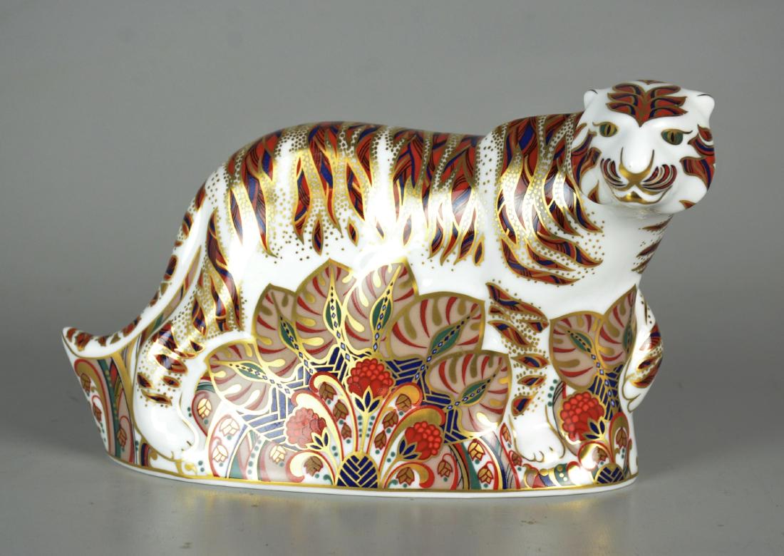 Royal Crown Derby Imari Bengal Tiger Figure: Royal Crown Derby Imari Bengal Tiger Figurine, English Bone China, Lxi, 1994, Gold Button On Base, 8-3/4" W X 5-1/4" H