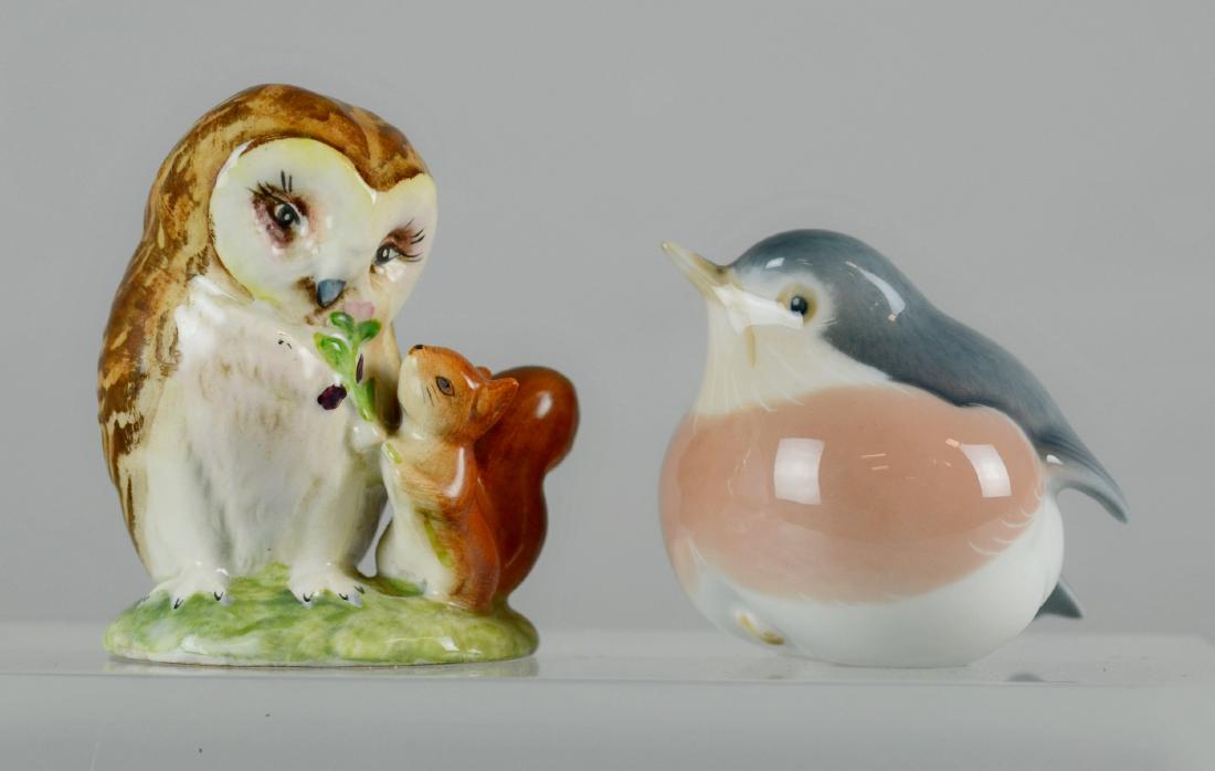 (2) Porcelain Figurines, Beswick, Denmark: (2) Porcelain Figurines, C/O Beswick Beatrix Potter Old Mr. Brown, And Fat Robin Bird Marked "Denmark 2266", Tallest 3-1/4"