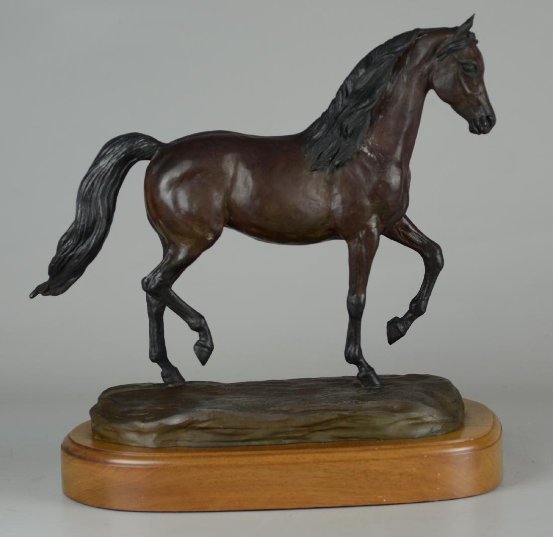 Worthington Bronze Horse Sculpture: Bronze Horse Mare Sculpture, Gaylene M Worthington, Impressed "G Worthington 1984 8/18", On Wood Base, 14-3/4" H X 15-1/2" W Overall, residue, possible under- and overfill on tip of ears