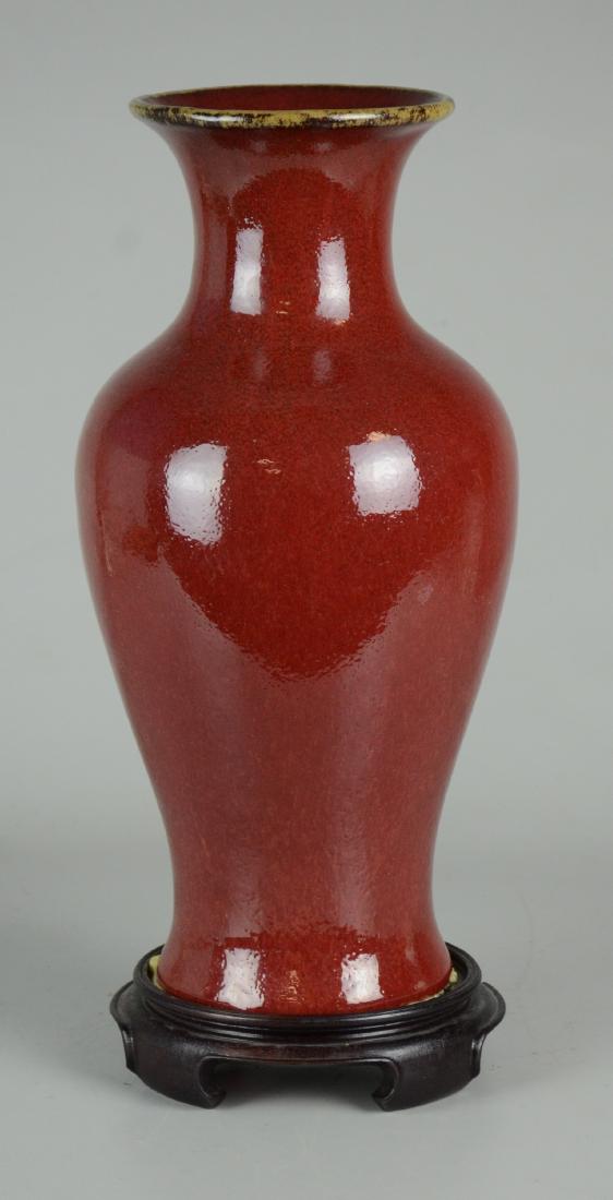 Chinese Sang De Boeuf Vase On Base: Chinese Sang De Boeuf Vase On Badly Glued Base, Vase 15" H, vase glued to the base, underglaze sand residue pop