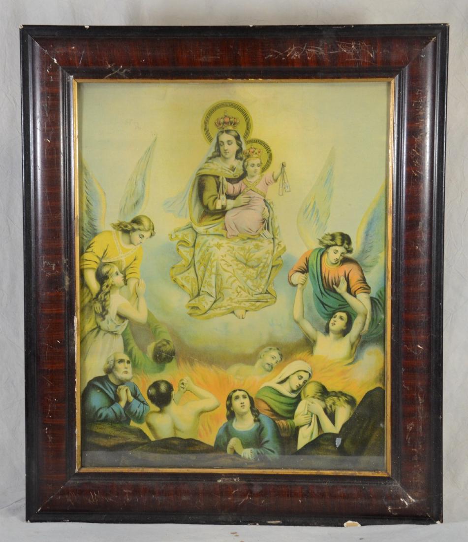 Purgatory Mary & Infant Jesus Raise Sinners from Hell: Purgatory Mary & Infant Jesus Raise Sinners from Hell Litho in Faux Tiger Maple Wooden Frame c1890 25"H x 21"W