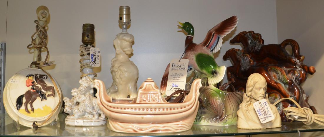 (7) TV/Novelty Lamps: Vintage Plastic Jesus TV or Night: (7) TV/Novelty Lamps: Vintage Plastic Jesus TV or Night Light c1950 5" T; Mid Century Modern TV Lamp Lot Fabulous Fifties 3pcs Duck Lamp by Maddux of California, Venetian Gondola Boat Lamp and Dual Dr