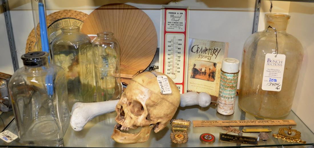 Mortuary/Funeral/Post-Mortem Lot: Undertaker Mortuary: Mortuary/Funeral/Post-Mortem Lot: Undertaker Mortuary Lot Includes huge Hydrol glass embalming jar 12"T, graduated glass embalming bottle w/ stopper 8"H, Sanctolite votive jar 9"T - Will Baumer Candle