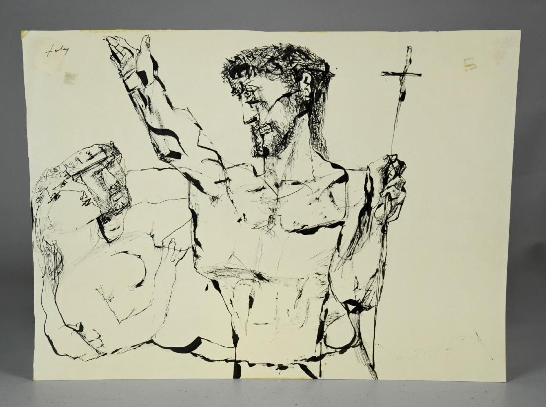 Lajos Szalay (Hungarian, 1909-1995) pen and ink drawing: Lajos Szalay (Hungarian, 1909-1995) pen and ink drawing of Jesus wearing a crown of thorns surprising King David and naked Bathsheba, pen and ink on paper, signed upper left, measures 12-3/8" x 16-7/8
