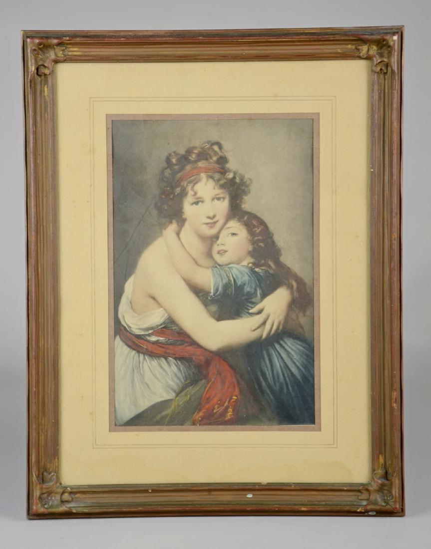 Colored lithograph copy of Vigee-Le Brun's self: Colored lithograph copy of Vigee-Le Brun's self portrait with her daughter, 1789, measures 10" x 6-1/2" sight, framed size 15-1/2" x 12-1/4", good condition