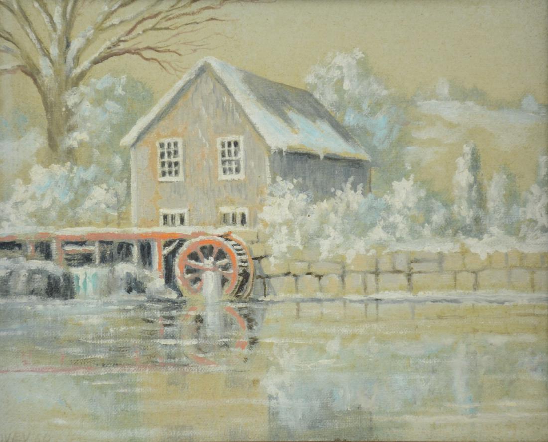 Oil on canvas board, a water mill in a winter landscape (1 of 2)